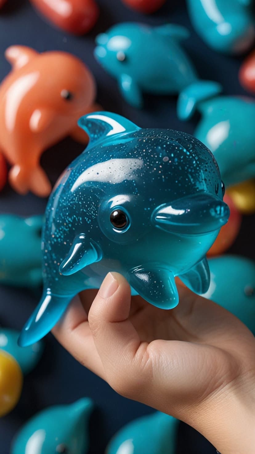 Blue translucent dolphin toy with glitter inside held in a hand against a blurred background of colorful toys.
