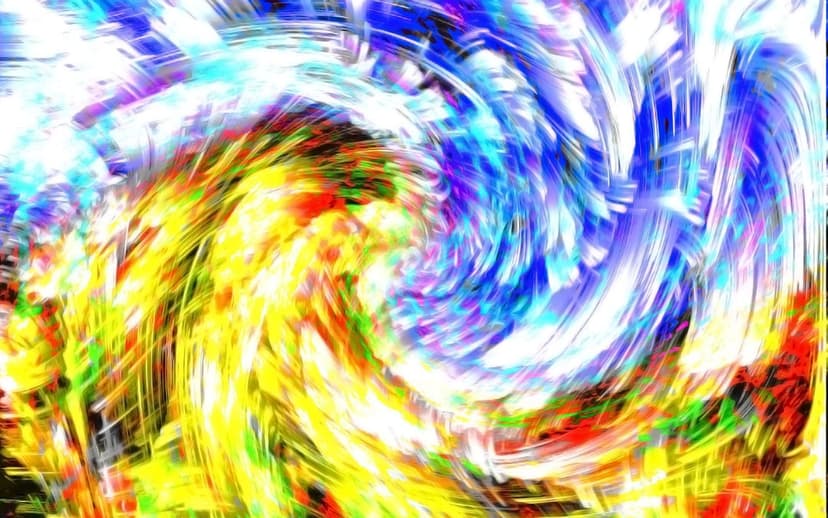 Swirling liquid paint in red, blue, and yellow creates a chaotic vortex with textured white accents throughout.