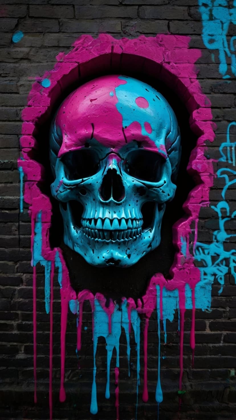 Skull spray-painted in neon pink and blue with dripping wet paint on a textured gray brick wall background.