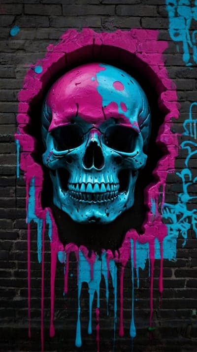Neon Graffiti Skull Phone Wallpaper on Urban Brick Wall