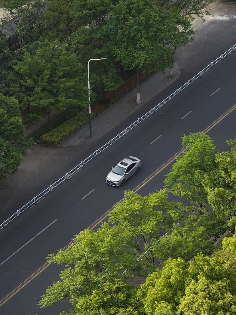 Silver sedan driving on a paved road surrounded by dense green forest foliage from a high-angle aerial view.