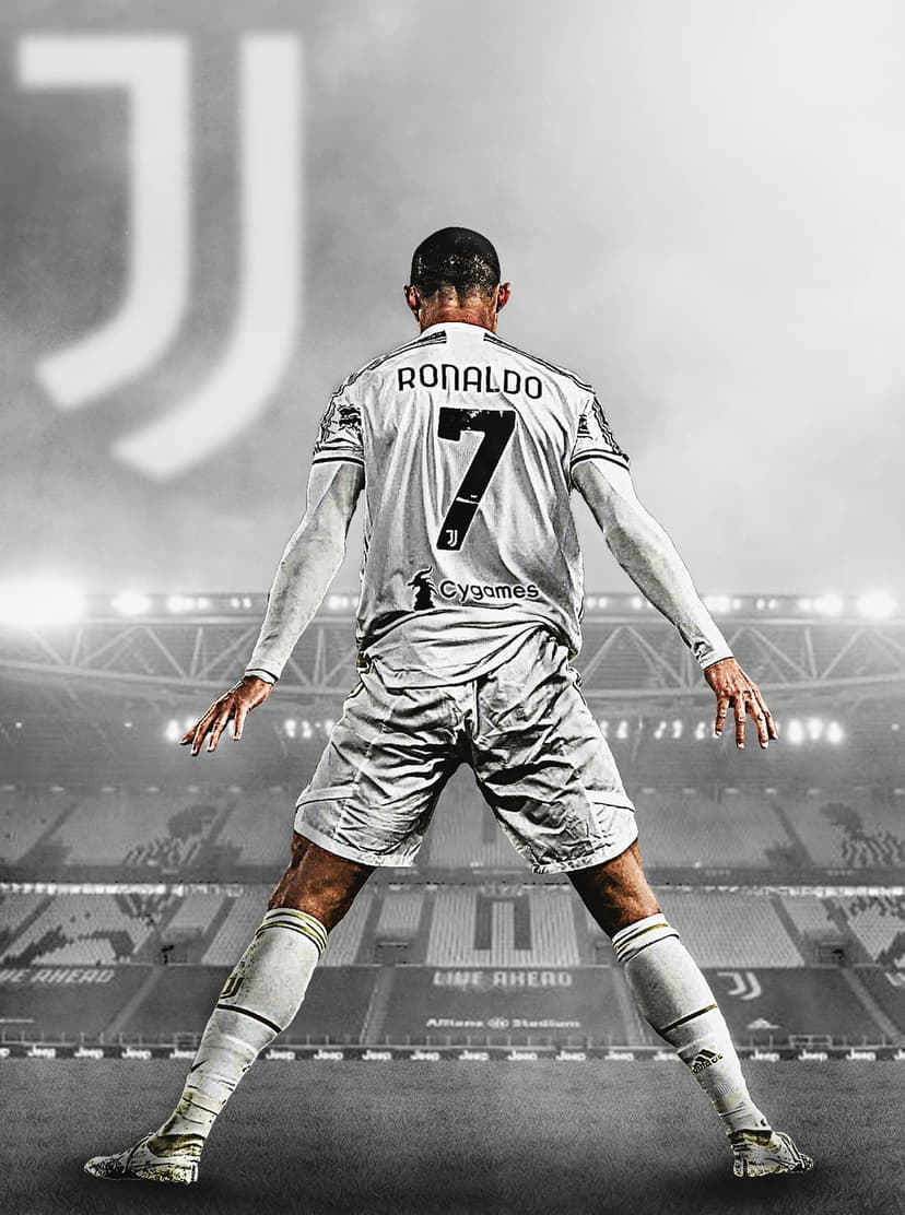 Cristiano Ronaldo stands in a white Juventus kit viewed from behind in a high-contrast monochrome stadium scene.