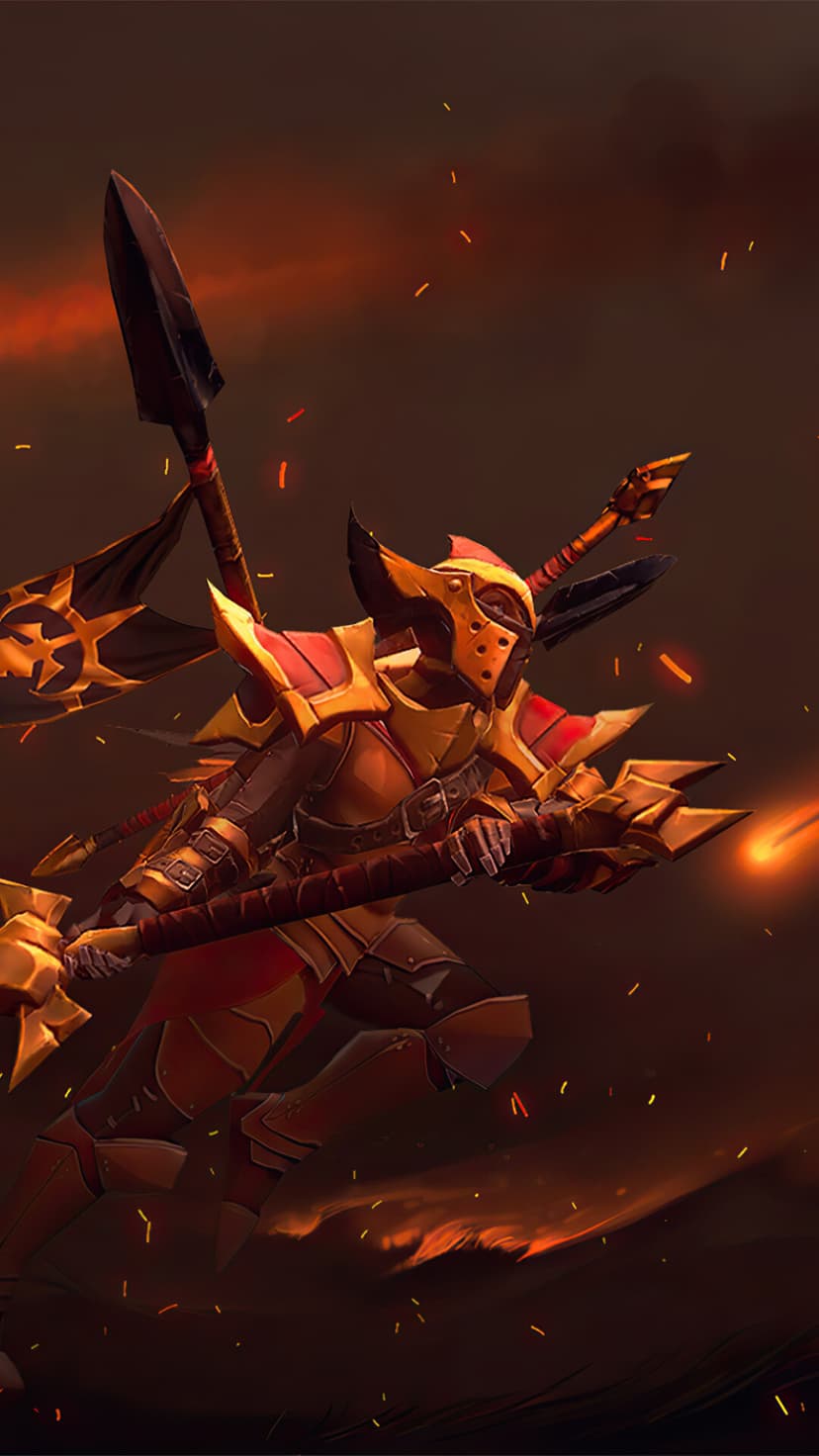 Fantasy warrior in gold and red plate armor charging forward with a spear amidst glowing embers and smoke.