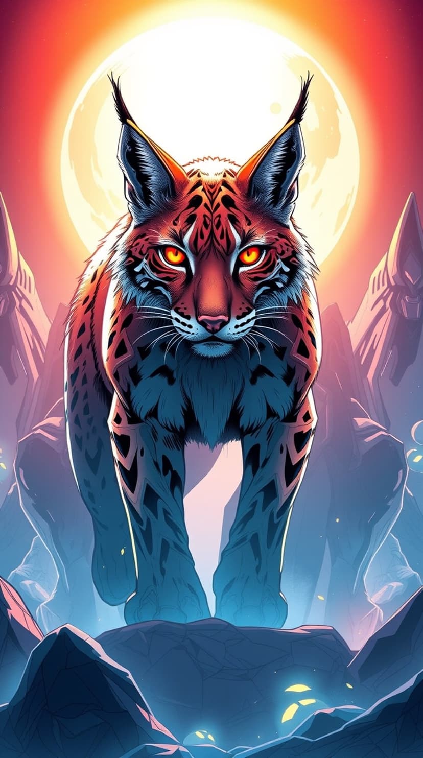 Lynx with glowing orange eyes stands against a giant fiery moon and jagged blue rock formations in the dark.