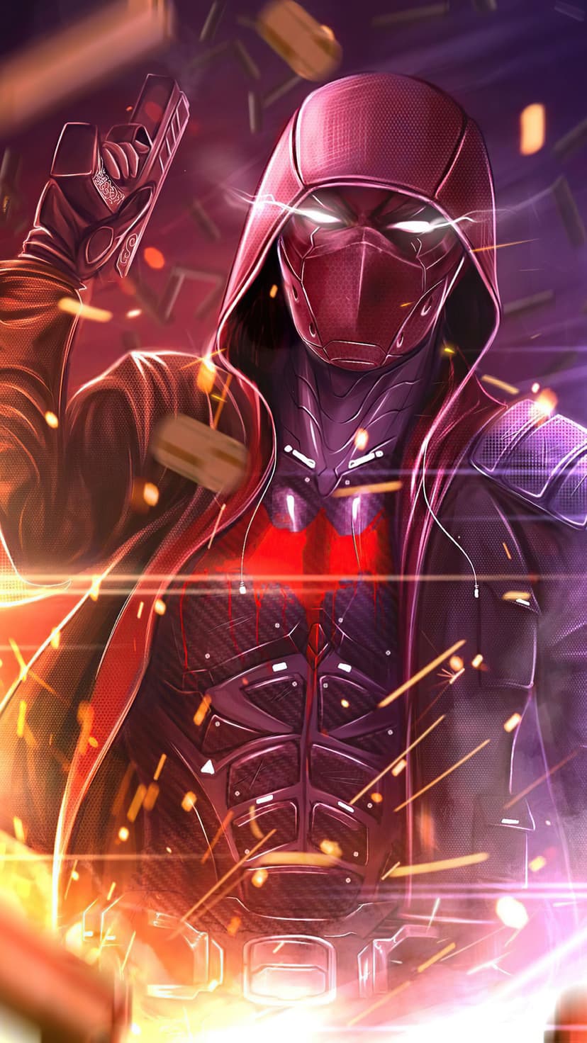 Red Hood wearing a metallic helmet and armor holds a handgun while glowing orange embers float in the darkness.
