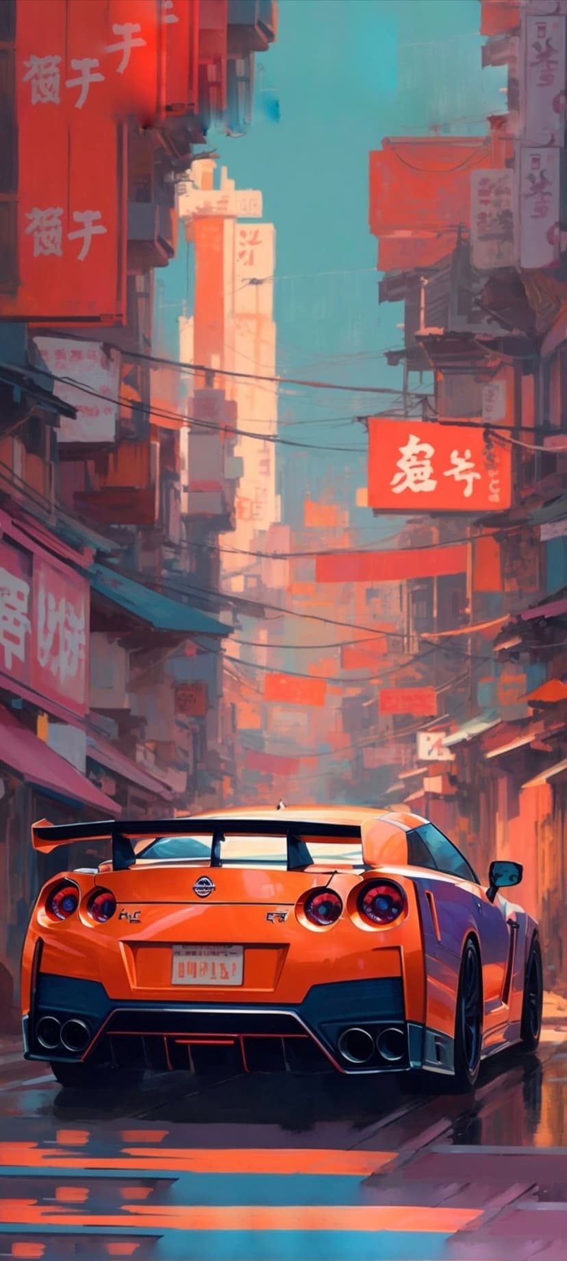 Orange Nissan GT-R drives down a neon-lit Japanese street with glowing signs and wet reflective pavement.