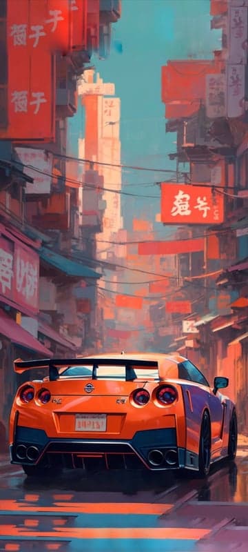 Cyberpunk Orange Nissan GT-R in Neon City Street