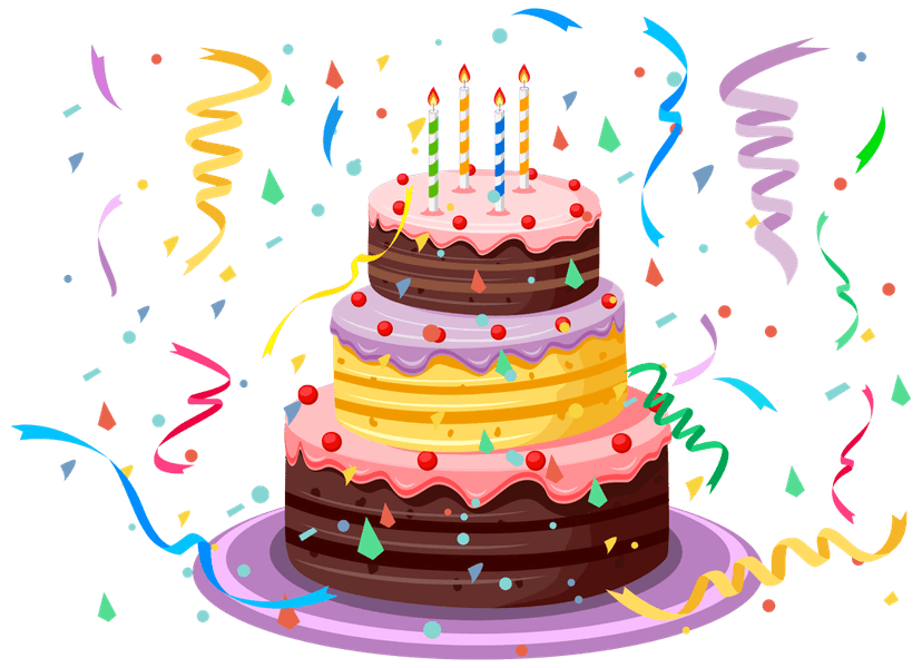 Celebration cake featuring layered frosting and vibrant confetti sprinkles on a transparent background.