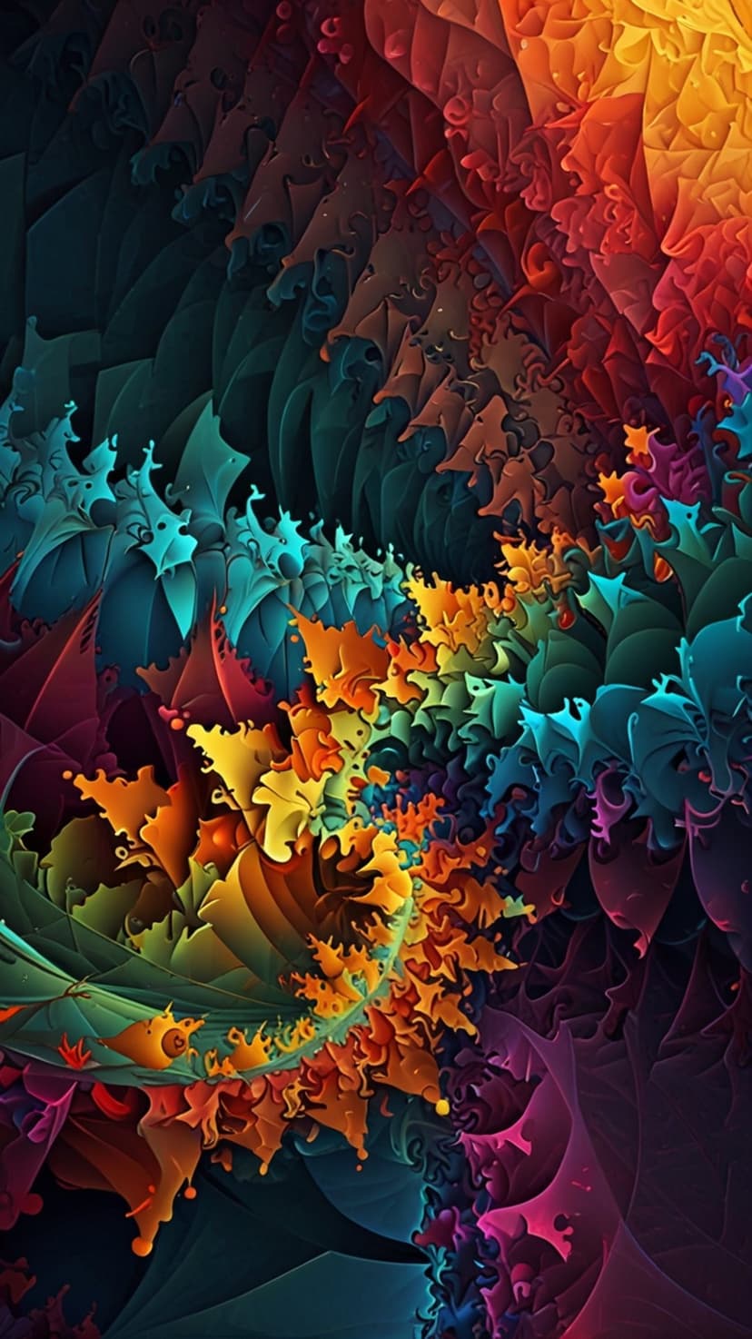 Radiant blue and orange fractal curves spiral into a glowing central point with deep greens and reds.