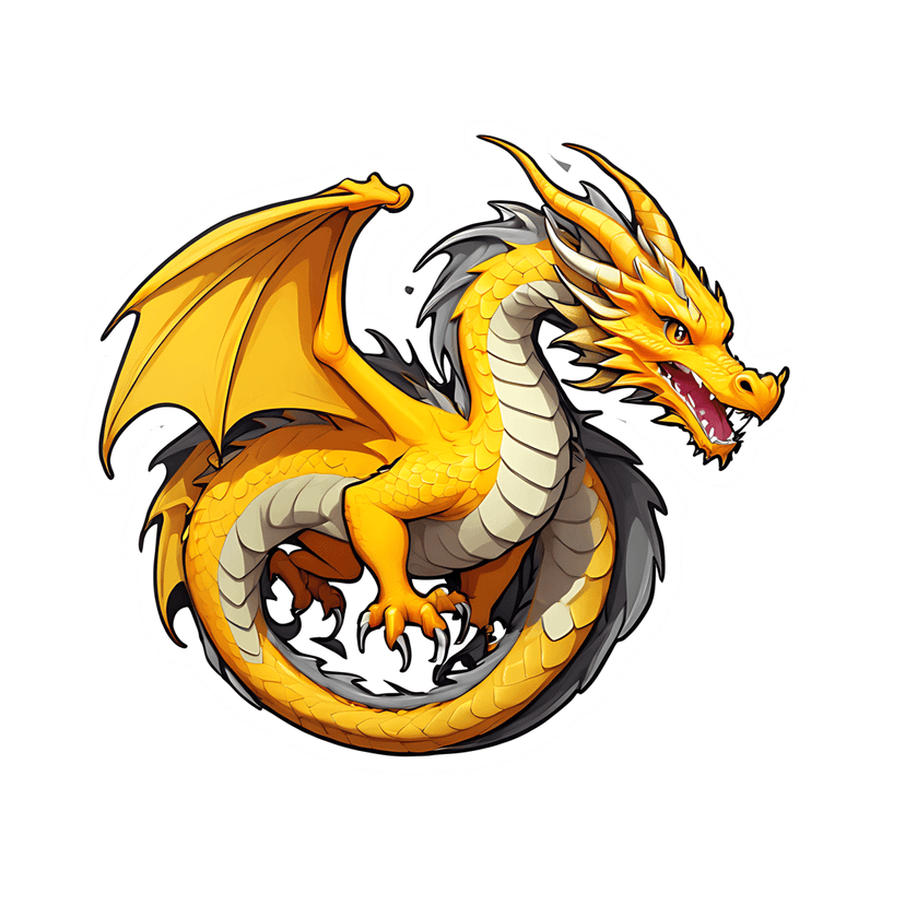 Golden dragon sticker with glossy scales and red eyes in a coiled pose against a clean white border outline.