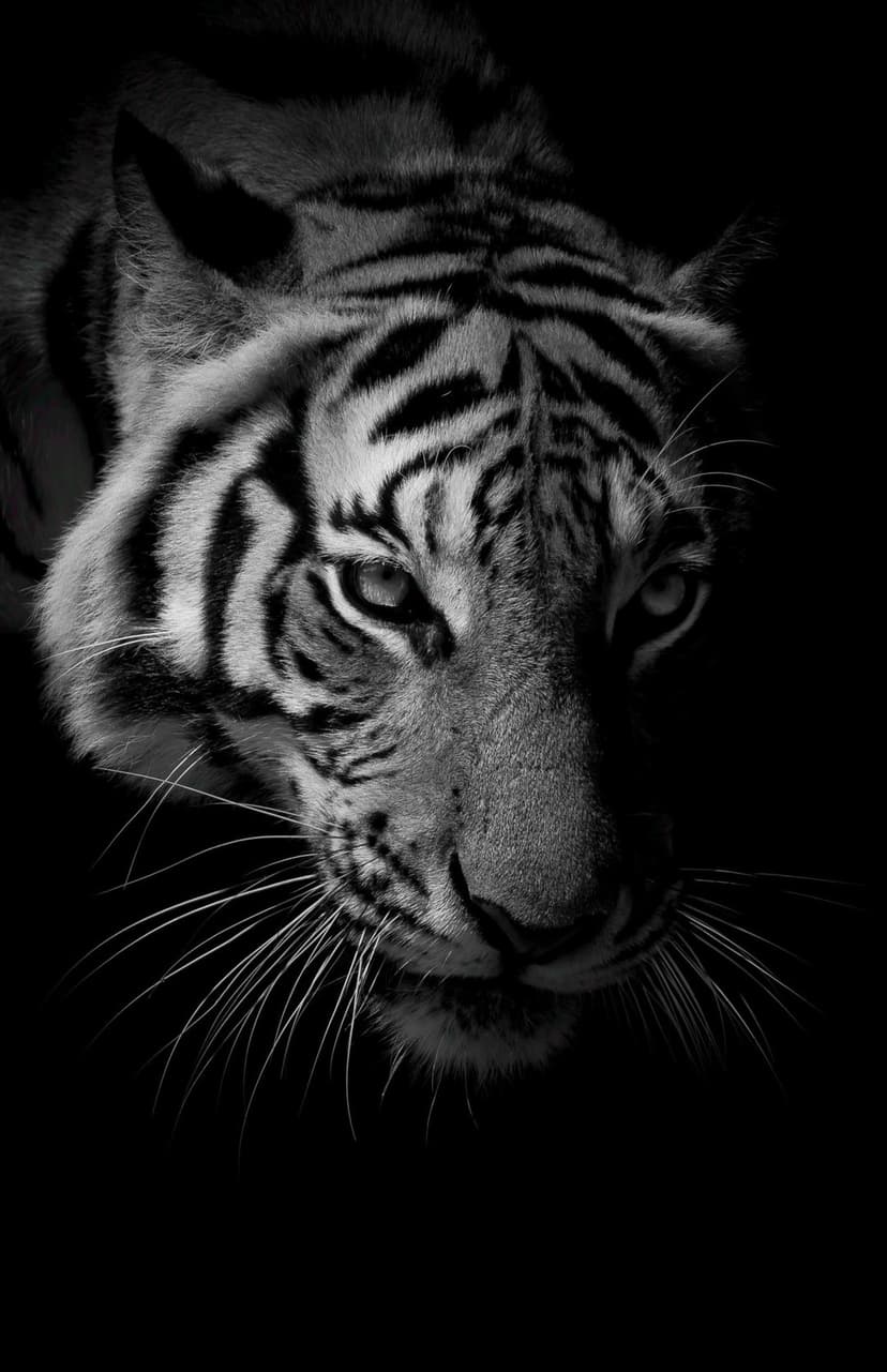 Tiger face in high-contrast black and white featuring intense eyes, dark stripes, and detailed white whiskers.