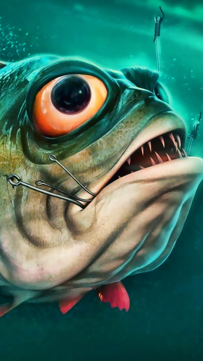 Predatory fish with sharp teeth and an orange eye struggles against multiple metal hooks in green water.