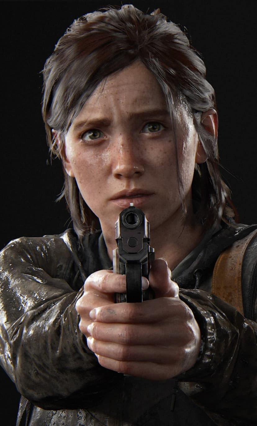Ellie from The Last of Us Part II aims a handgun with a tearful, intense expression against a black background.