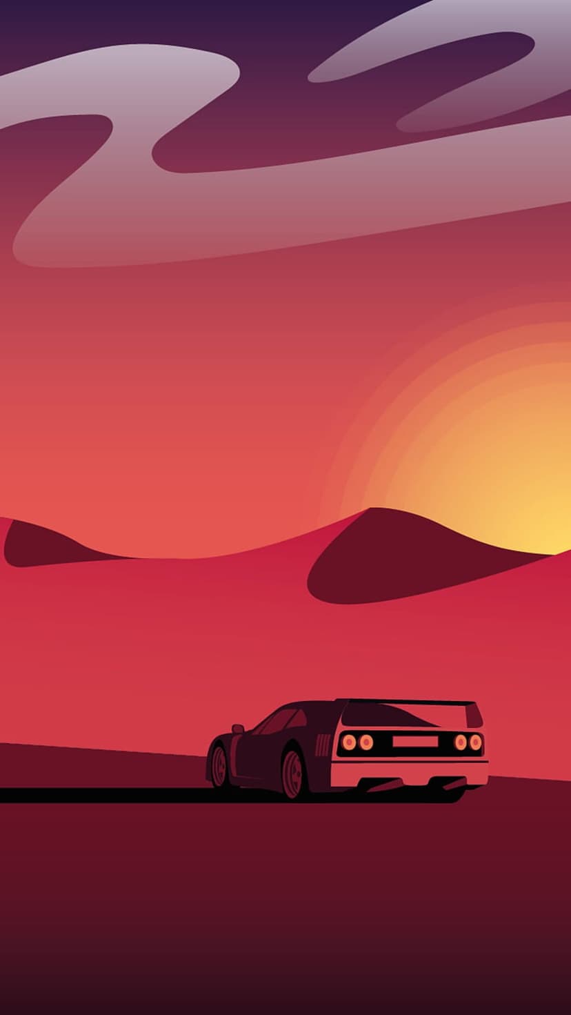 Vintage red sports car with glowing taillights drives over maroon desert dunes under a purple and pink sunset sky.