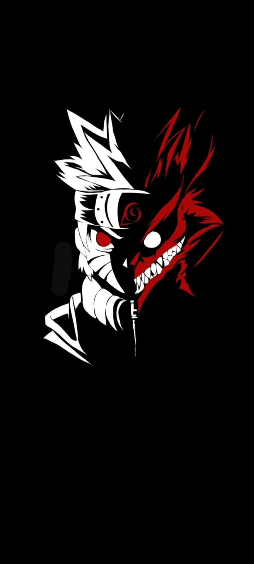 Naruto Uzumaki and Kurama display a split-face profile with glowing red eyes and sharp teeth against a dark backdrop.