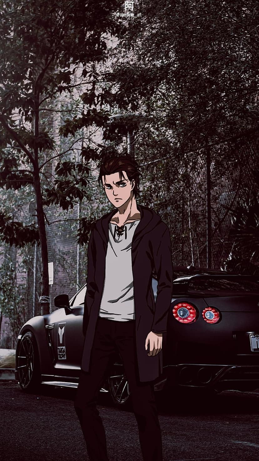Eren Yeager stands by a black sports car with glowing red taillights against a dark, moody night forest.