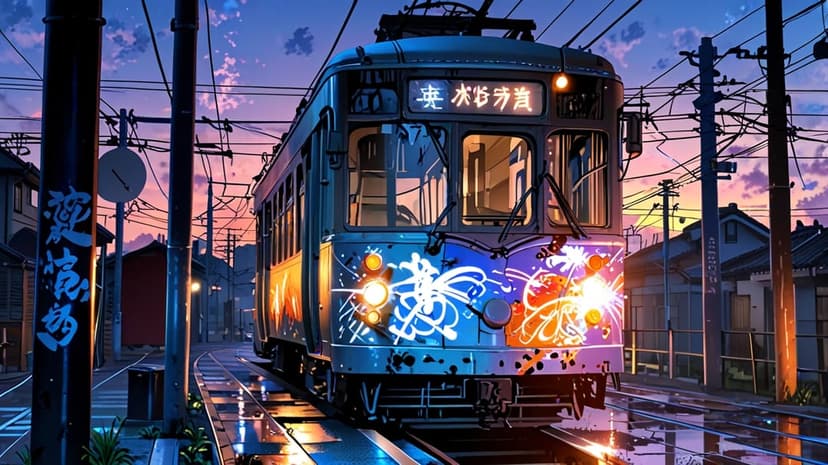A decorated tram car glides over wet tracks reflecting neon lights beneath a blue and orange sunset sky.