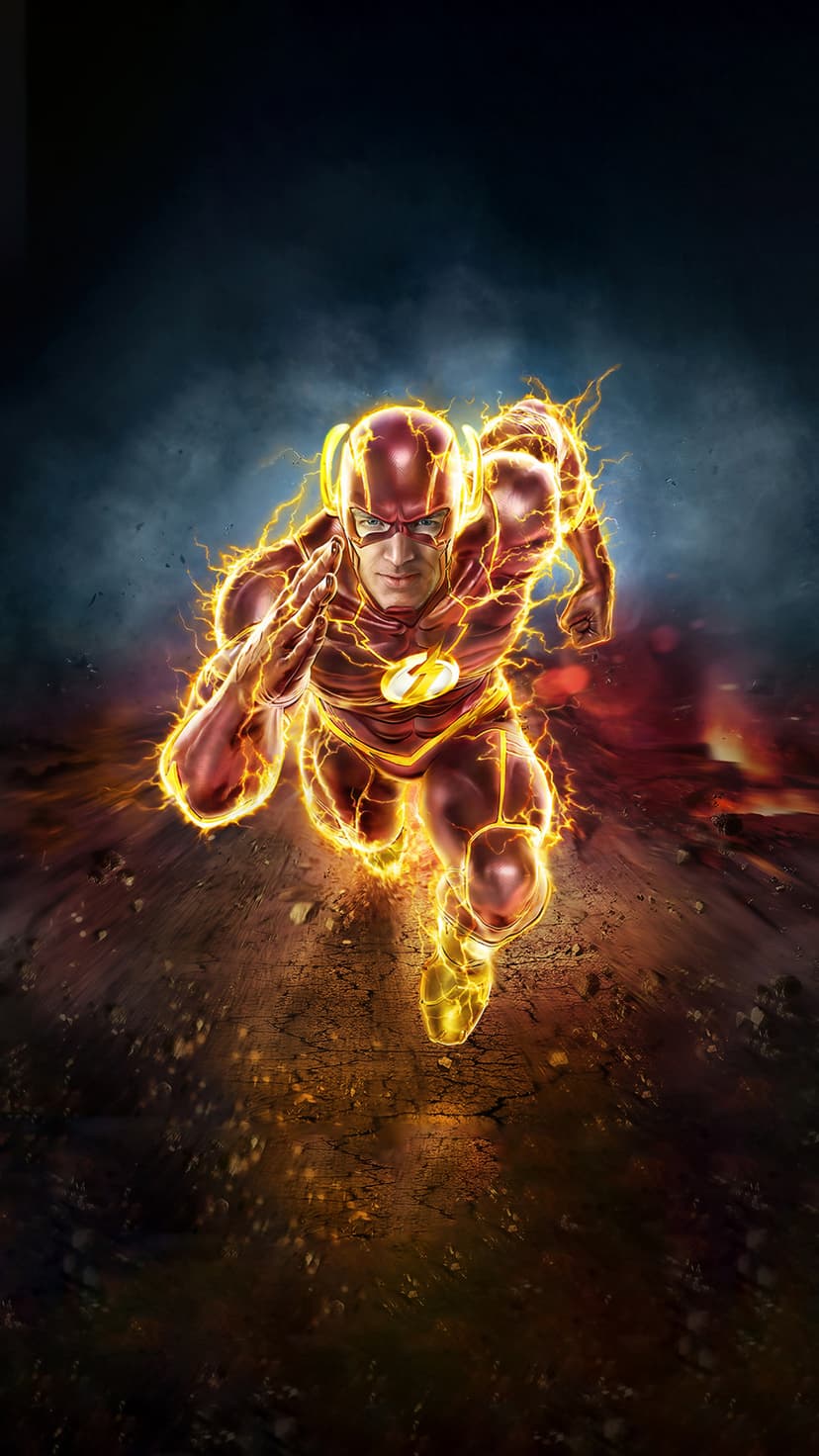 The Flash runs in a red suit with yellow lightning across scorched ground with orange fire and rising smoke clouds.