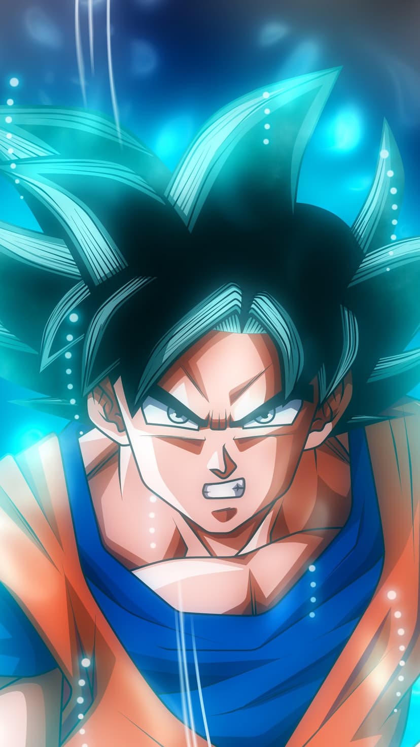 Goku glows with a blue electric aura and silver-streaked hair during his intense Ultra Instinct transformation.