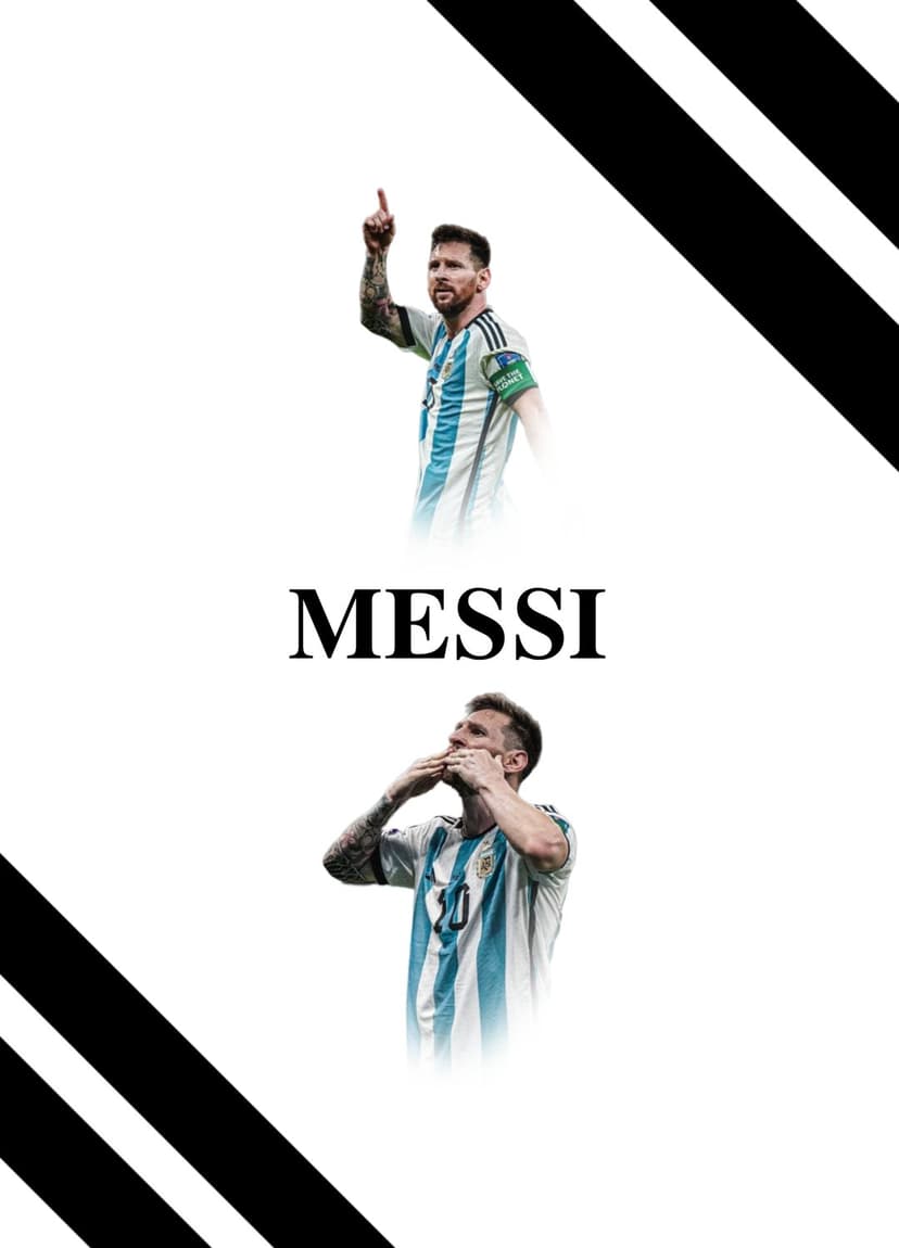 Lionel Messi points upward and blows a kiss while wearing the Argentina jersey on a striped poster background.