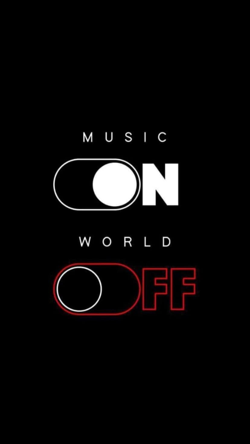 Two toggle switches labeled Music On and World Off centered on a solid black vertical smartphone background.