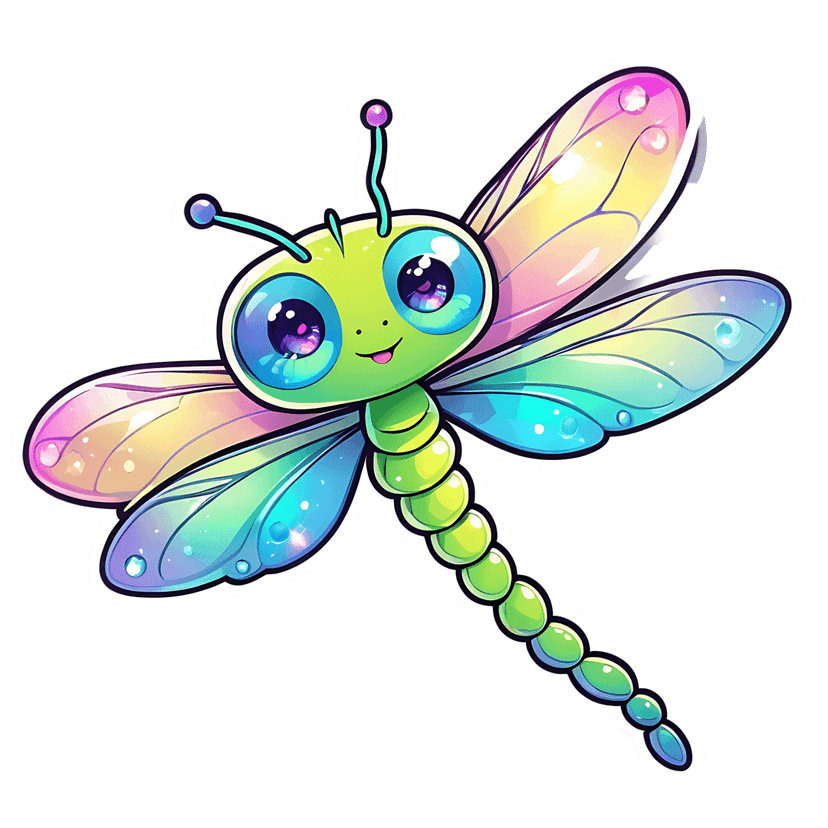 Green dragonfly sticker with iridescent gradient wings and dew drops features a glossy finish front view.