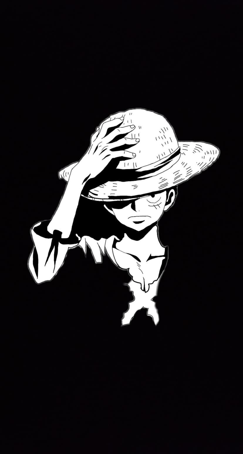 Monkey D. Luffy pulls down his straw hat while glaring intensely in this high-contrast monochrome portrait.
