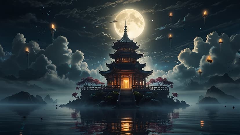 Multi-tiered pagoda illuminated by a large full moon and floating lanterns reflecting in calm nighttime water.