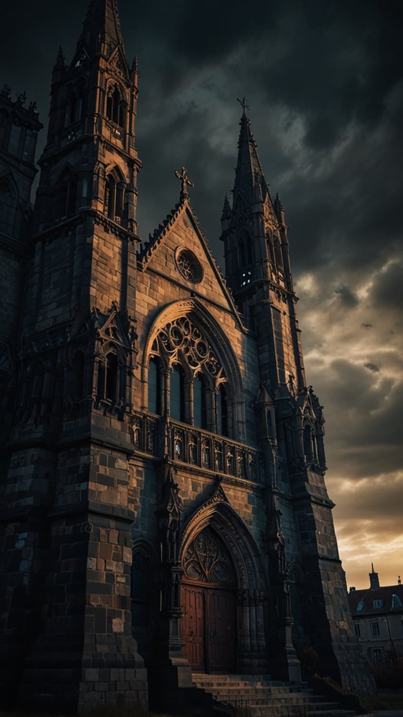 Gothic cathedral facade with pointed arches and tall spires illuminated by warm sunset light against cloudy skies.
