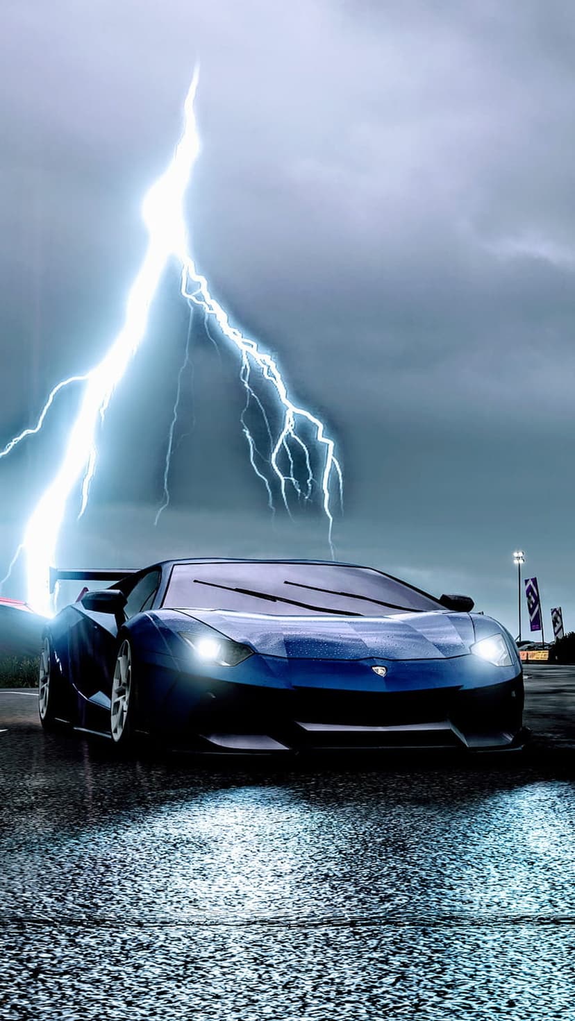 Blue Lamborghini supercar parked on wet asphalt during a massive lightning storm with dark rain clouds.