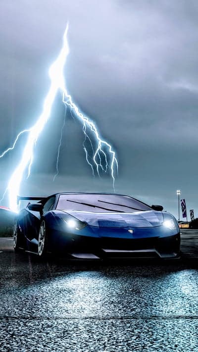 Blue Lamborghini Supercar Thunderstorm Mobile Wallpaper