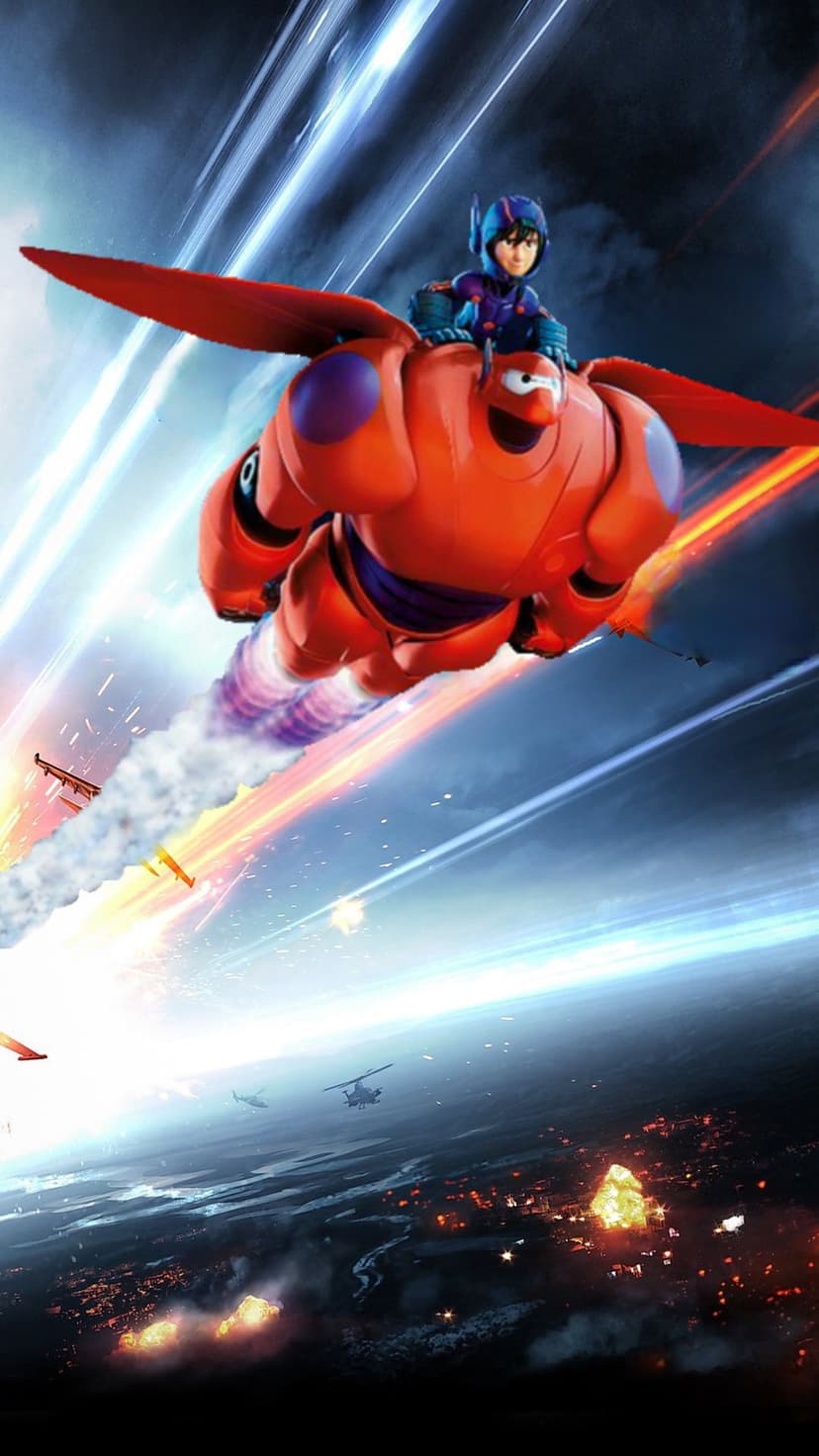 Hiro Hamada rides a red-armored Baymax through an exploding cityscape filled with fire and chasing helicopters.