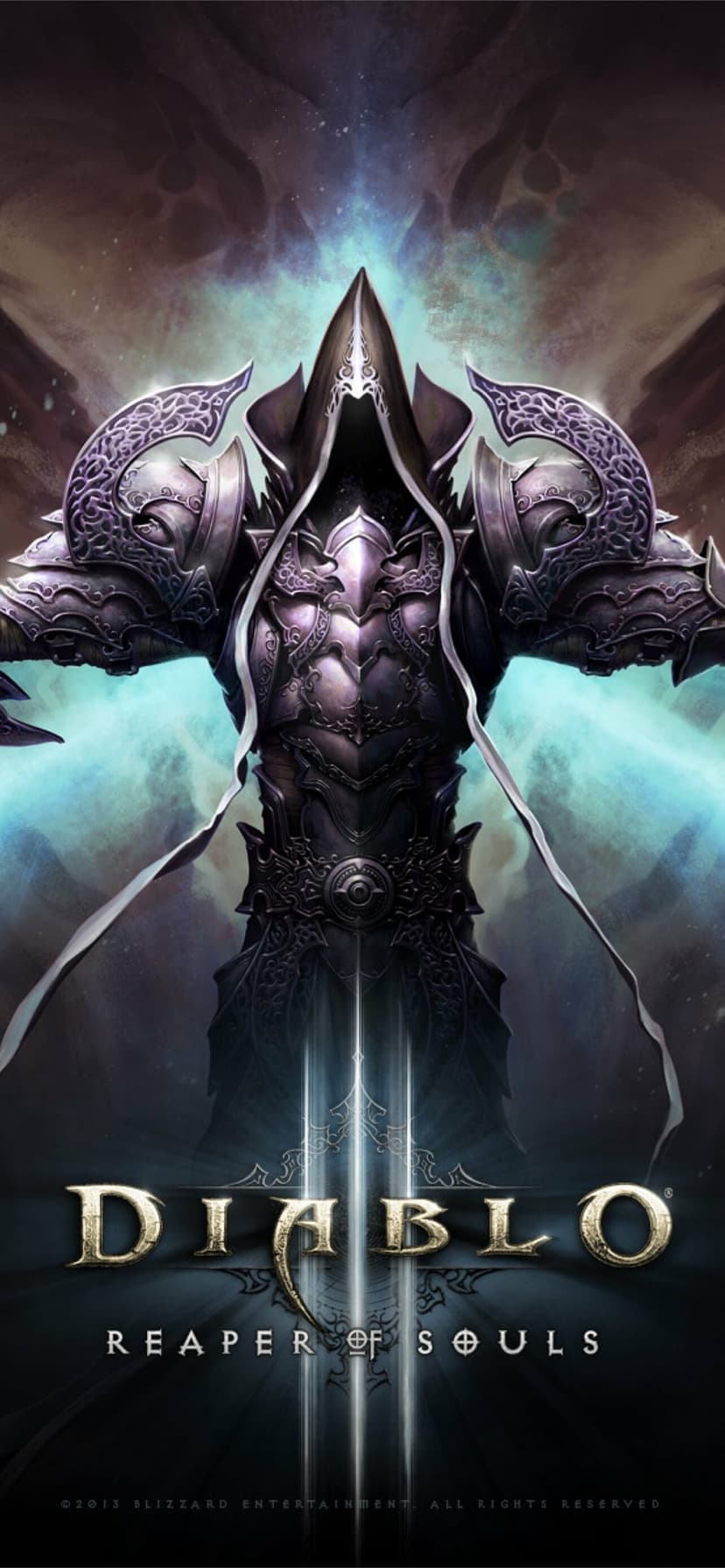 Malthael in dark purple armor stands before a teal glow with flowing ribbons and the Diablo III logo.