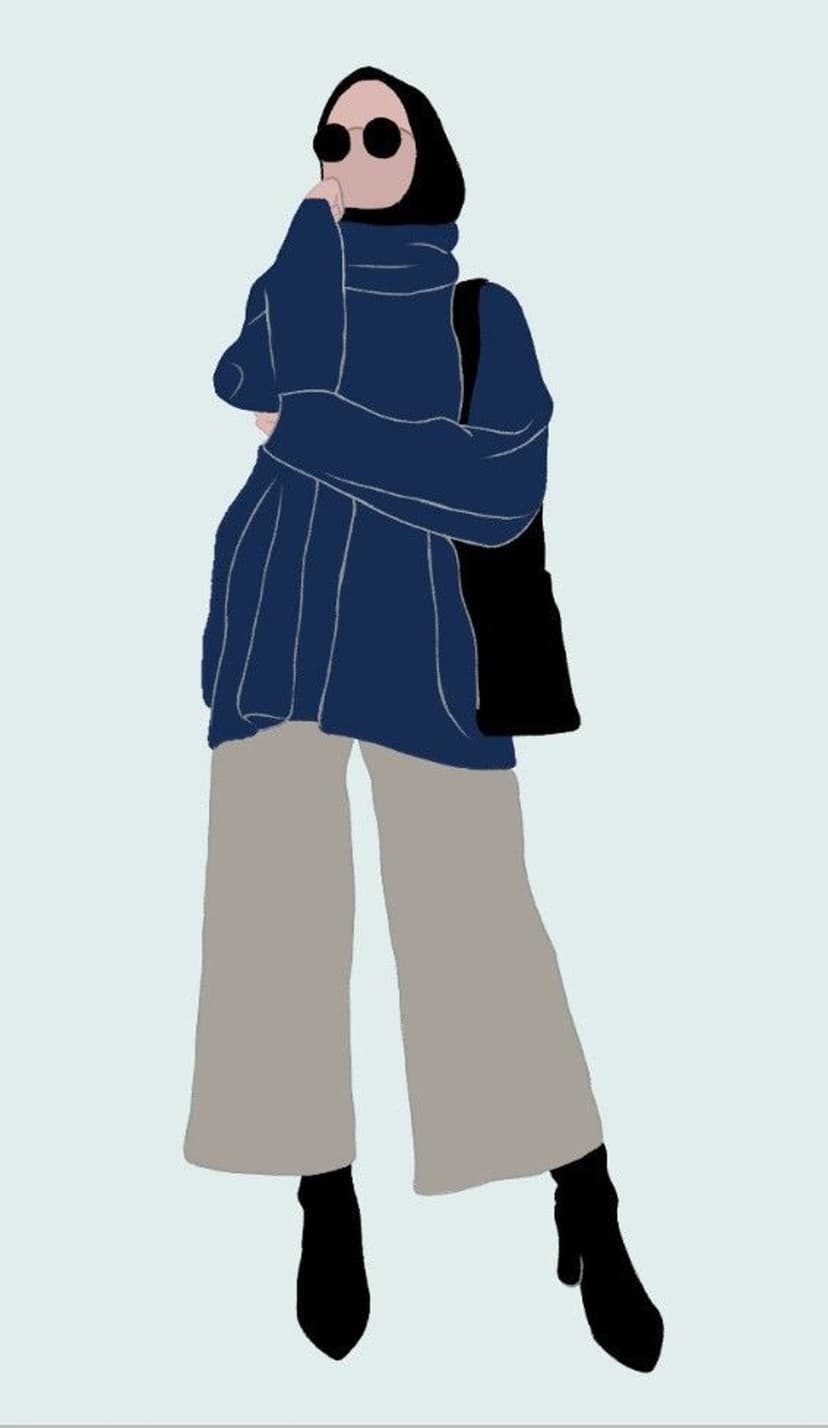 Hijabi woman wearing a dark blue tunic and tan pants with round sunglasses and black boots on a blue background.