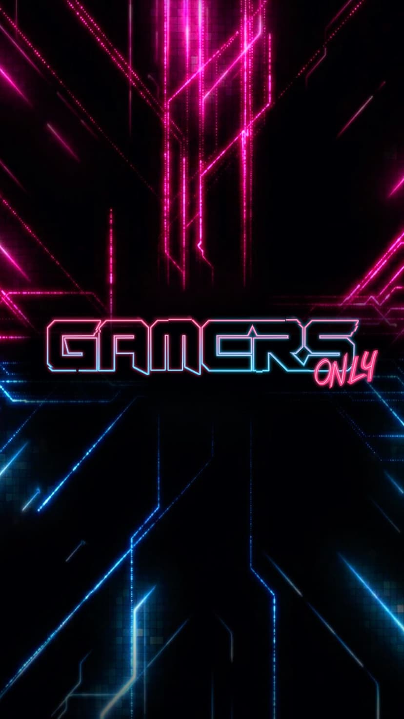Gamers Only neon logo illuminates a dark background of blue circuit patterns and pink geometric light lines.