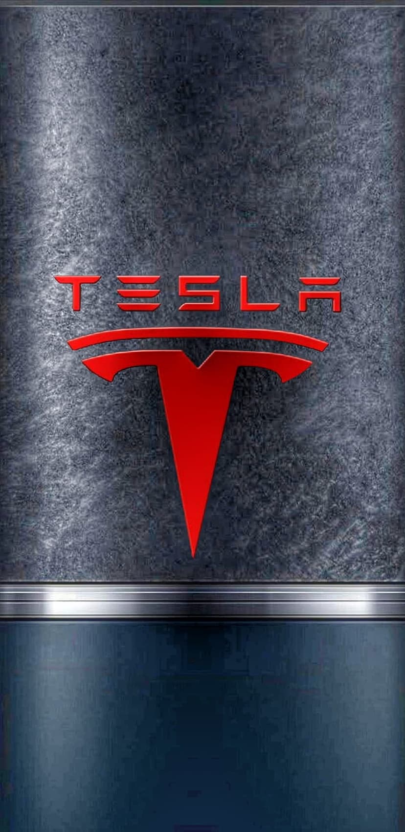 Tesla logo in red chrome rests on a dark textured metal surface above a horizontal brushed silver divider strip.