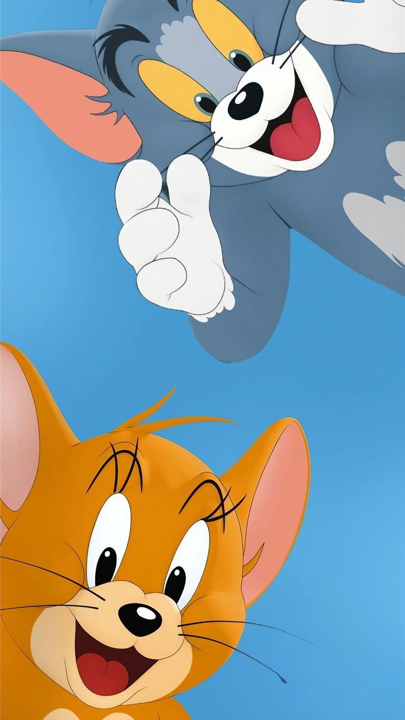 Tom the cat and Jerry the mouse smile while peeking over a white edge in a clean animated vertical layout.