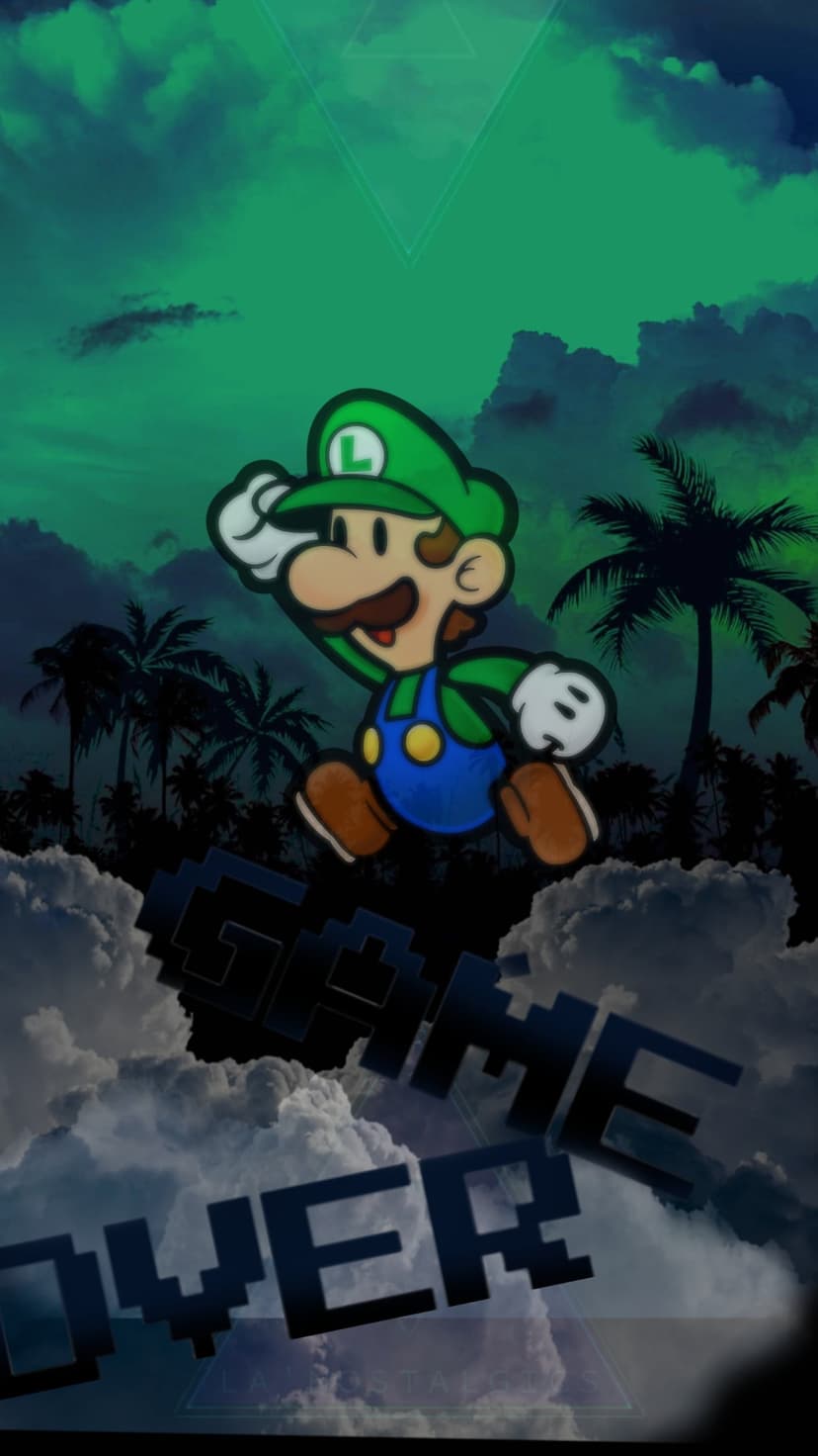 Luigi sprints in a paper style beneath a pixelated Game Over sign and dark green clouds with palm silhouettes.