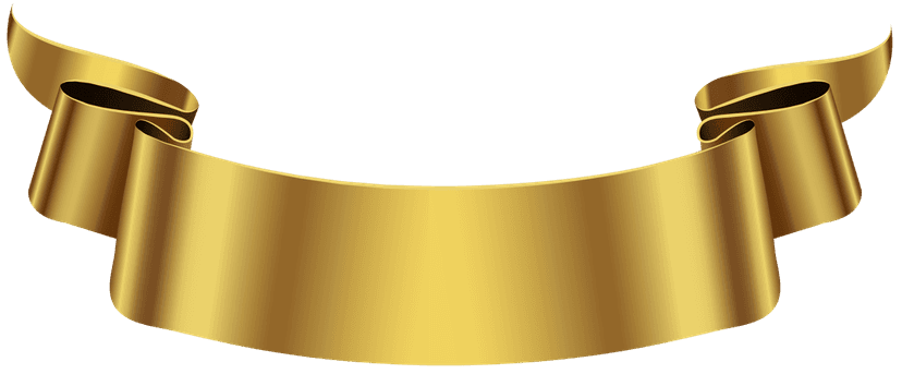 Golden ribbon banner with sharp geometric folds and a reflective metallic texture on a transparent background.