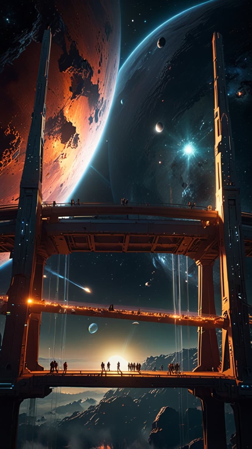 Tall space station towers and silhouettes overlook a giant glowing planet and nebula in a vertical starfield.