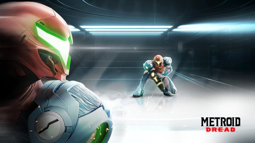 Samus Aran in blue and red armor crouching in a futuristic white corridor with bright horizontal lights.