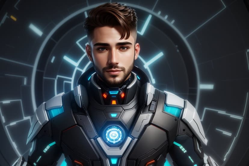 Cyberpunk man in glowing blue and orange tactical armor stands against a dark digital interface background.