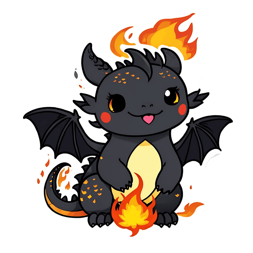 Black dragon sticker with orange scales breathes fire while showing a white border, dark wings, and red cheeks.
