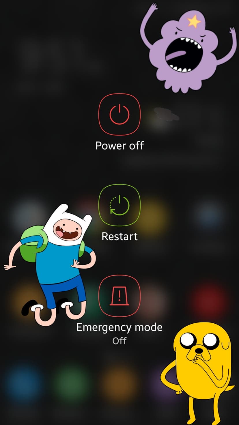 Finn the Human and Jake the Dog stand beside power off and restart icons on a purple mobile system interface.