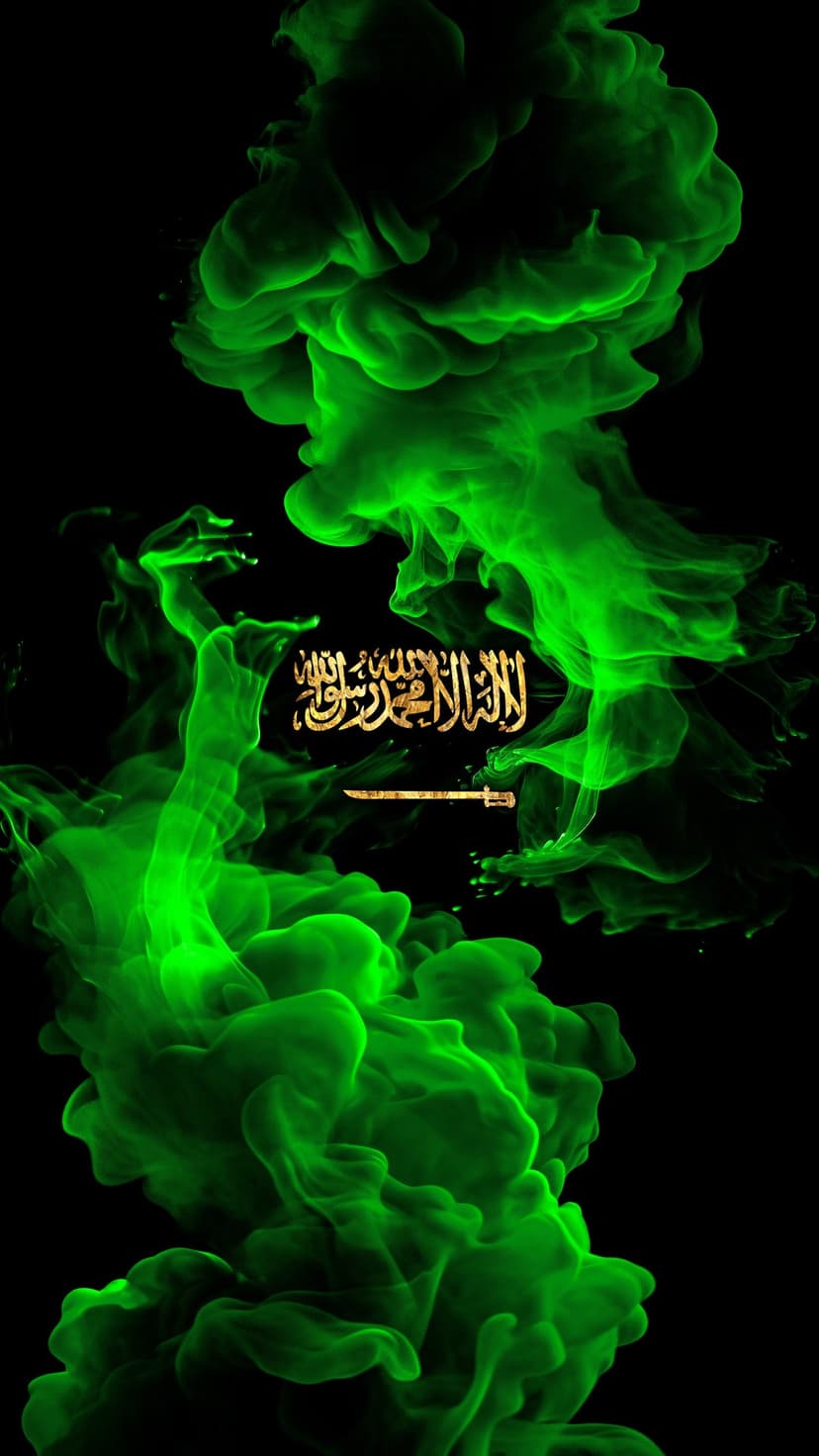 Saudi national crest in gold metallic finish surrounded by dense emerald green mist and atmospheric vapor.