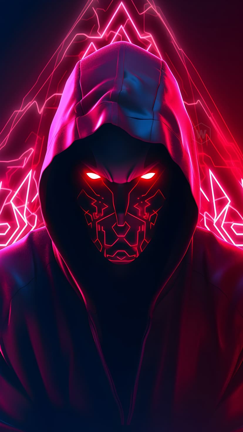 Hooded figure wearing a geometric mask with glowing red eyes and radiating neon pink energy lines in the background.