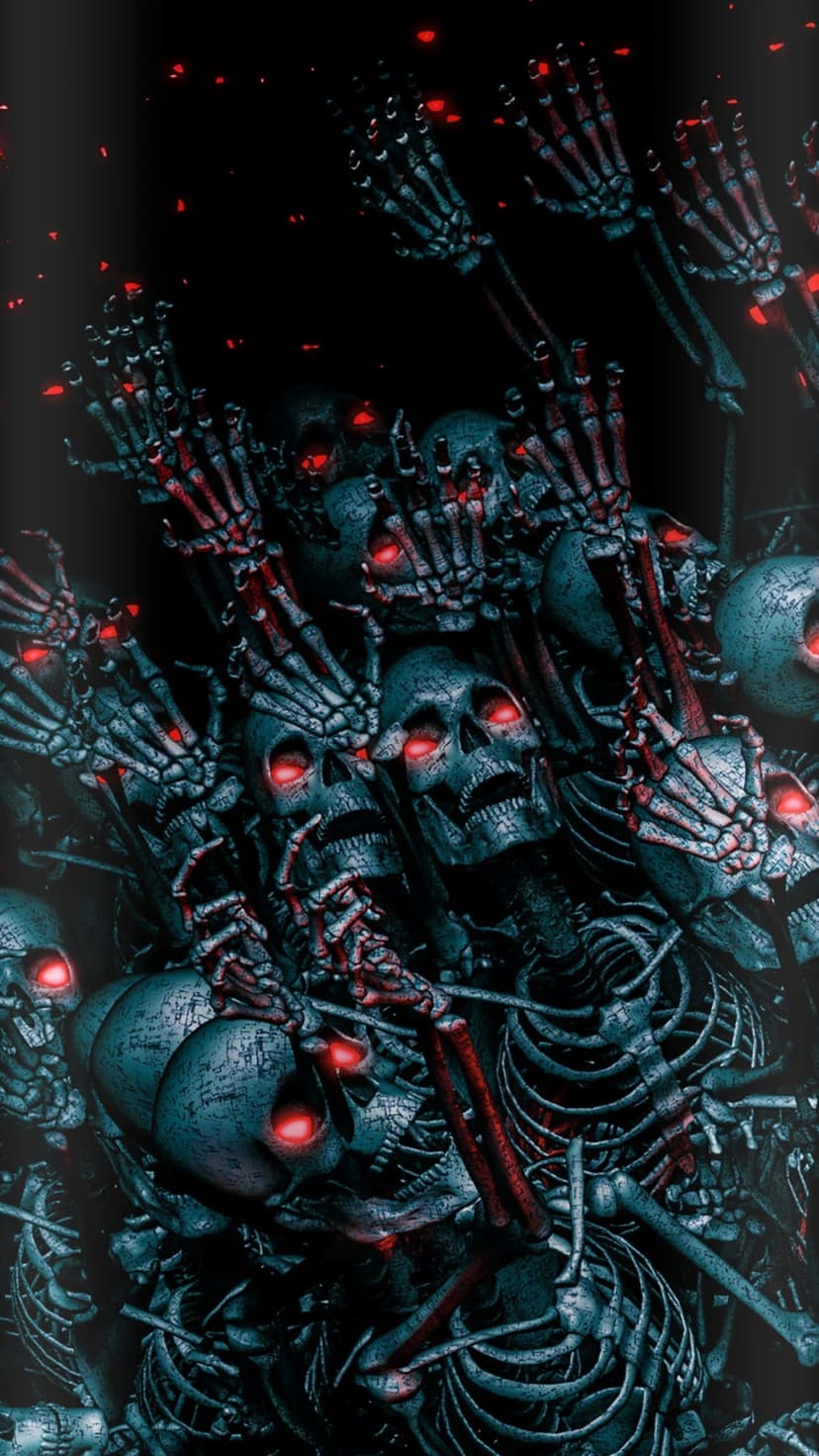 Skeletal figures with glowing red eyes and reaching hands emerge from a dark teal void in a vertical view.