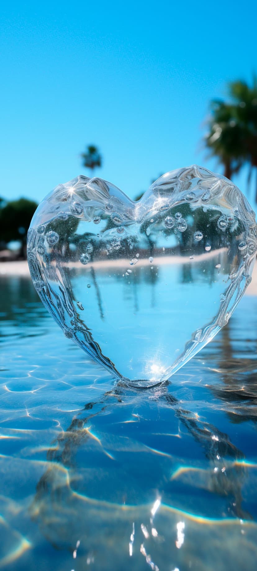 Heart-shaped ice sculpture with trapped bubbles sits in blue sea water with blurred palm trees in the background.