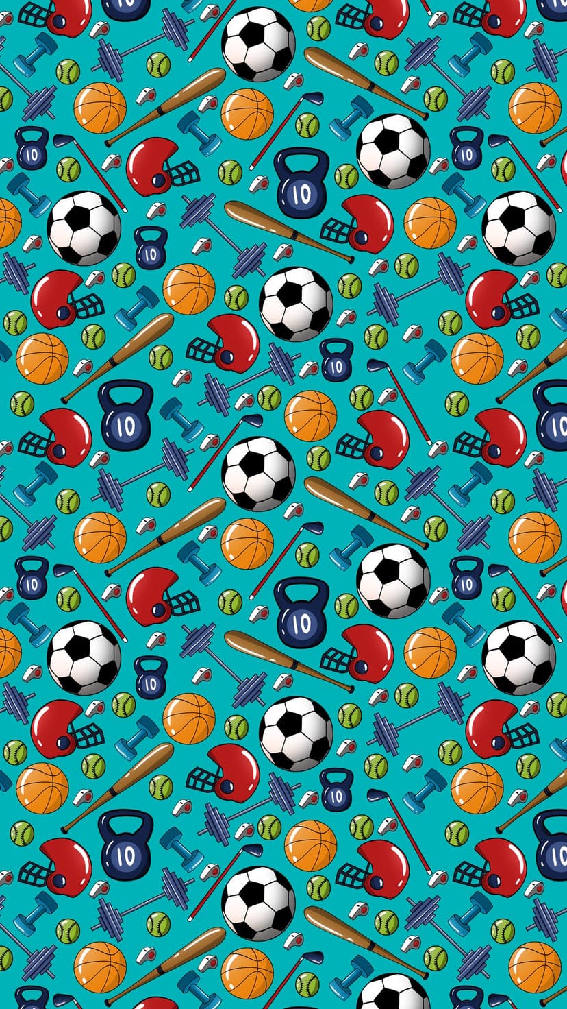 Soccer balls, dumbbells, and football helmets are arranged in a dense pattern over a bright teal surface.