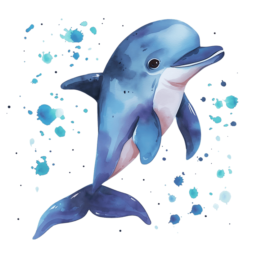 Blue watercolor dolphin leaping through aqua paint splatters against a solid black background illustration.